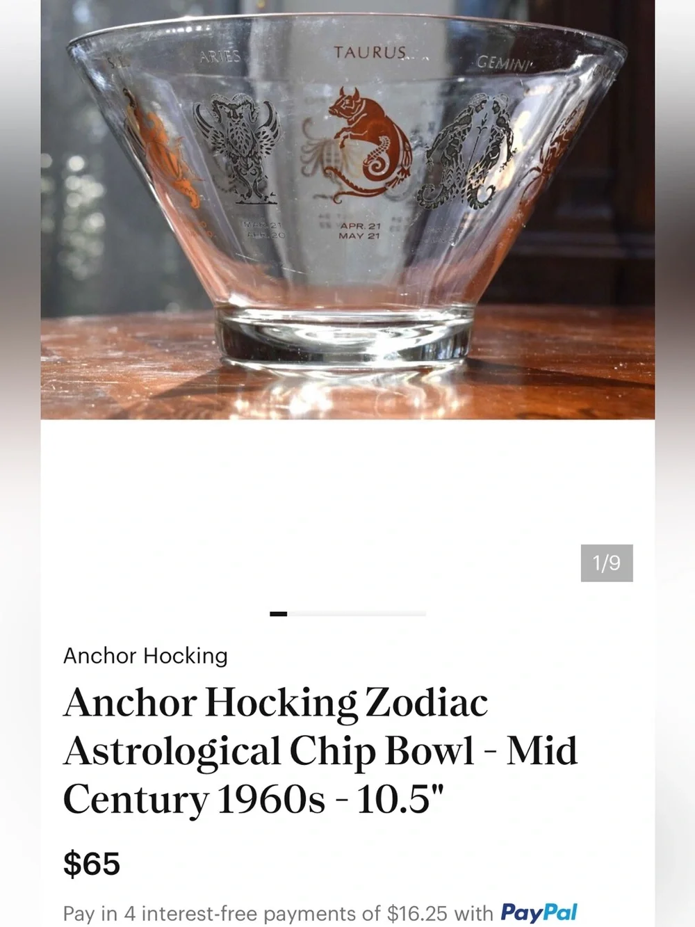 Anchor Hocking Zodiac / astrological chip bowl or salad bowl. 1960s